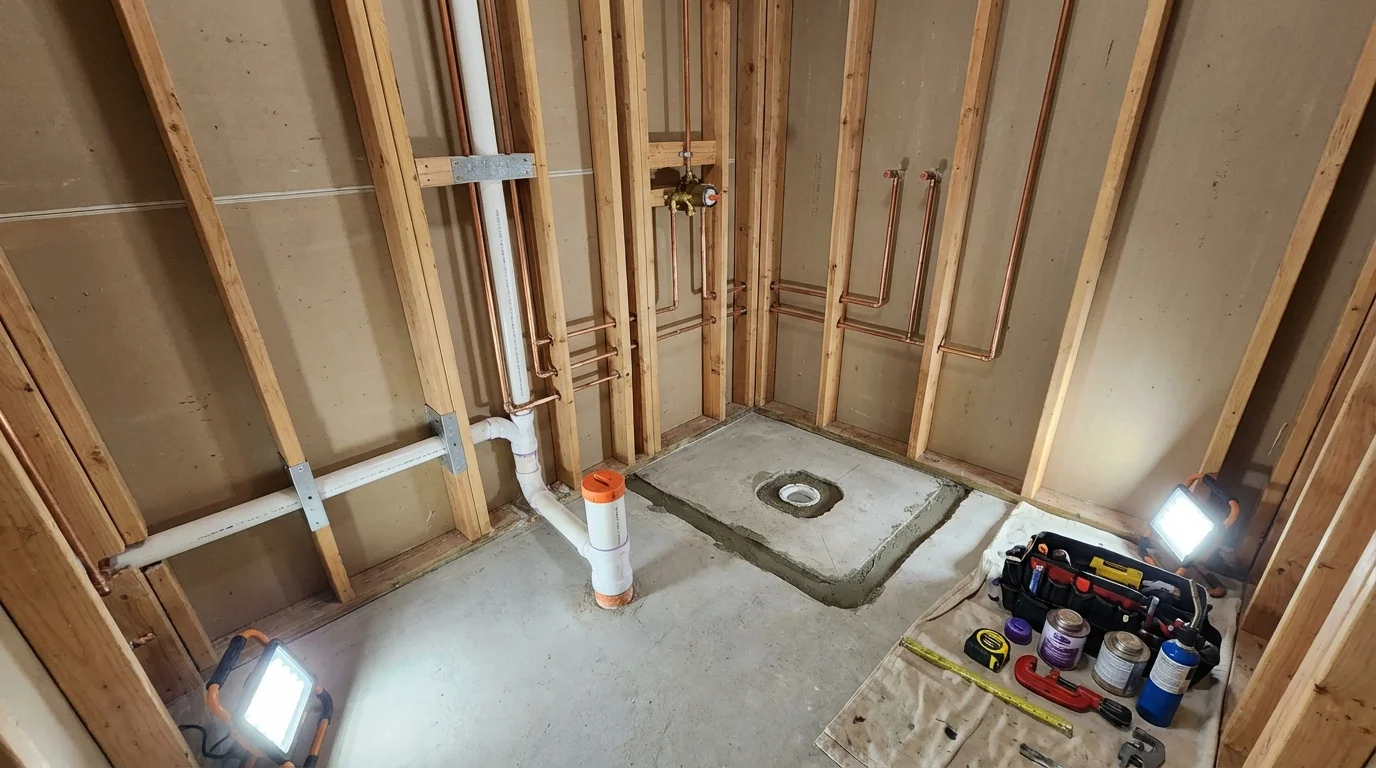 Bathroom rough-in plumbing during remodel by Johns Plumbing LLC in Chesapeake