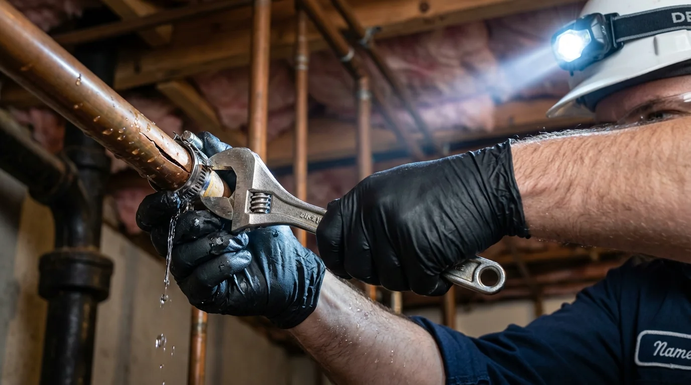 Emergency pipe clamp repair being performed by a Johns Plumbing LLC plumber in Chesapeake