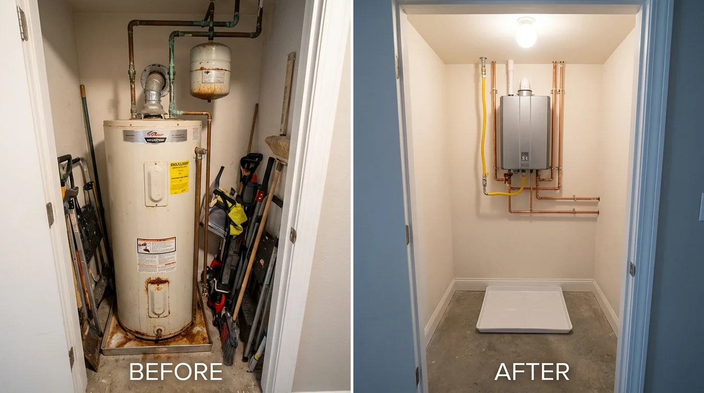 Tank water heater versus wall-mounted tankless unit comparison for Chesapeake, VA homeowners