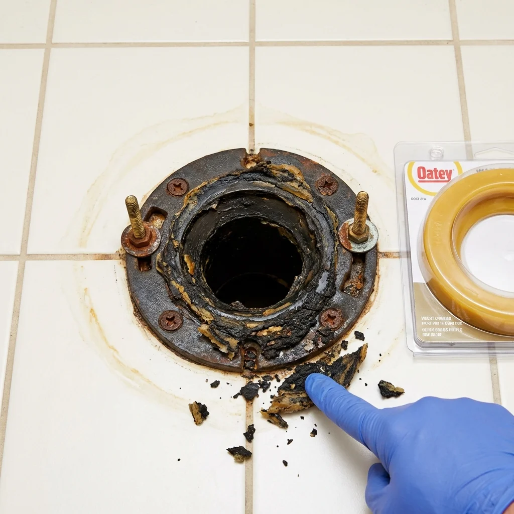 Failed wax ring showing water seepage at the base of a toilet in a Chesapeake, VA home