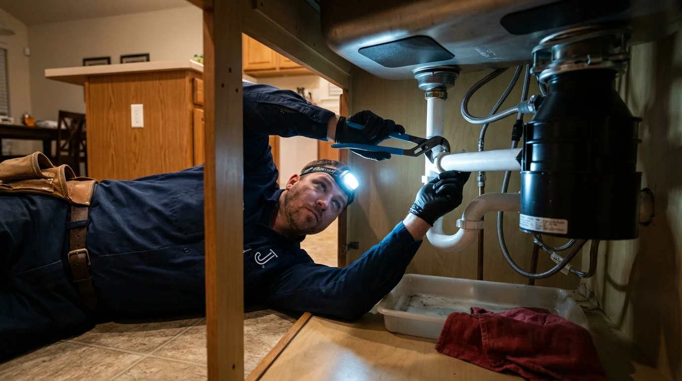 P-trap and supply line connections under a kitchen sink showing a common leak point in Chesapeake, VA